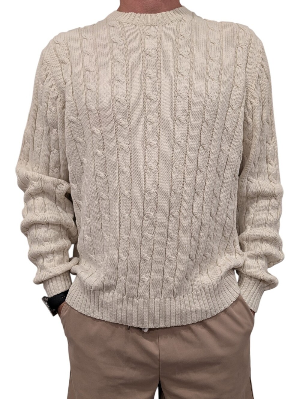 Brooks Brothers Men’s Cable Knit Cotton Sweater Cream Ivory Crewneck Medium